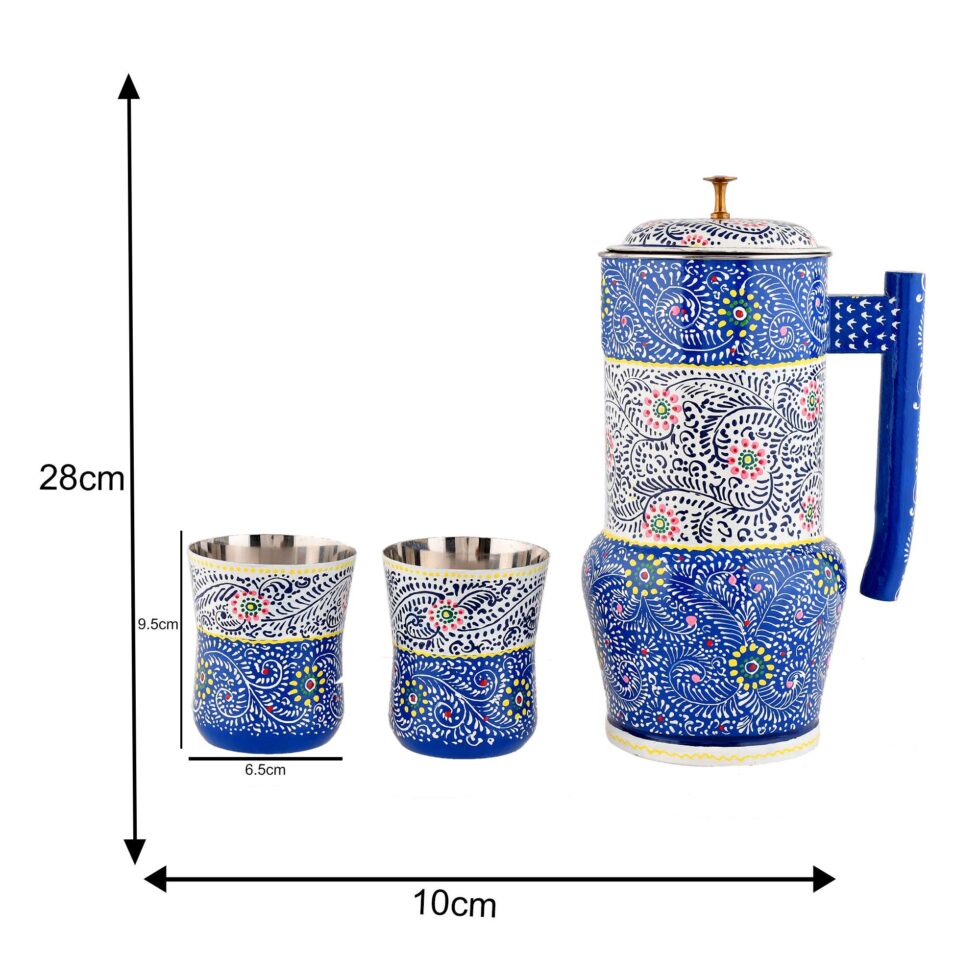 Hand-painted blue and white stainless steel jug and tumbler set with floral Indian design