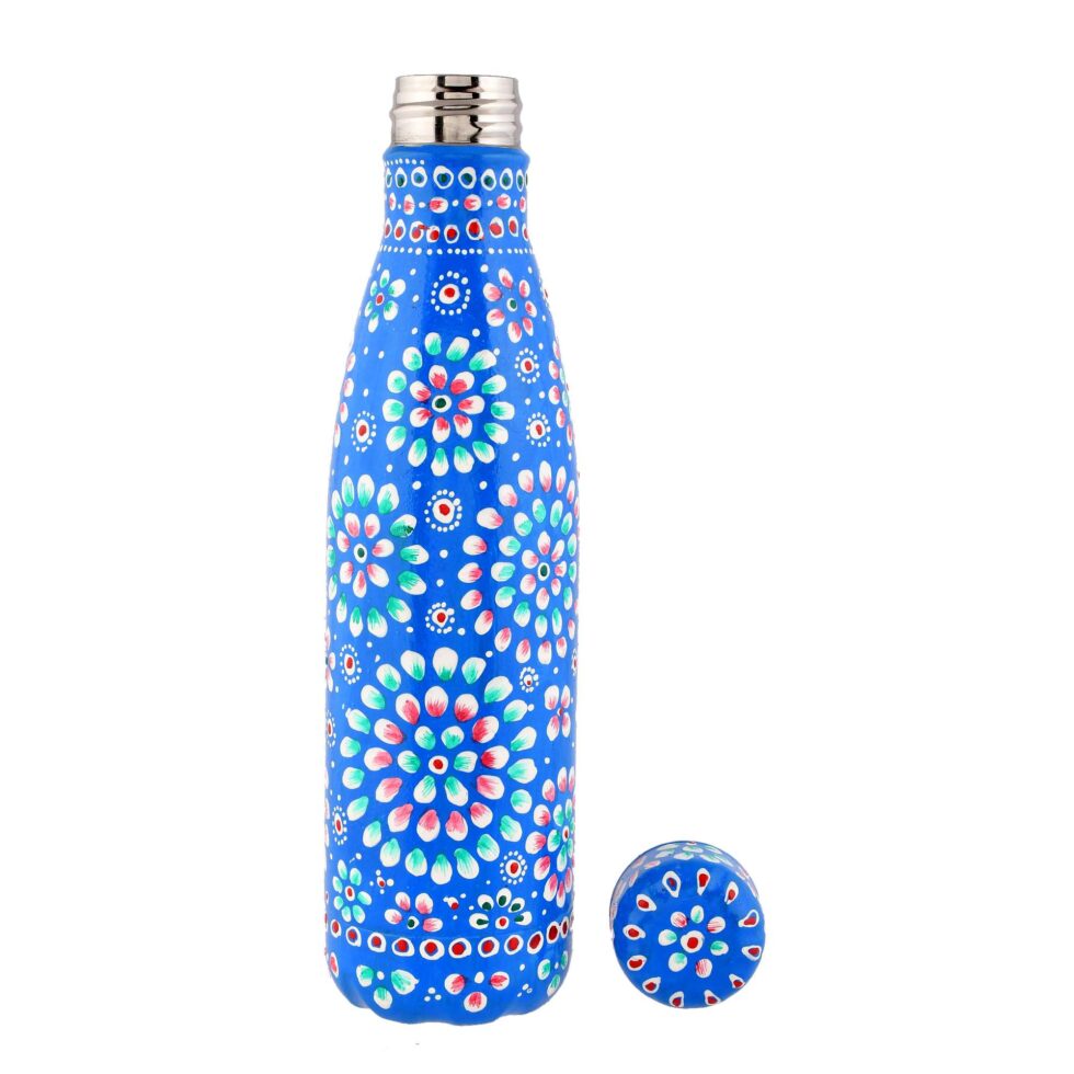 Traditional Rajasthani art inspired aluminium bottle in royal blue with vibrant flower motifs