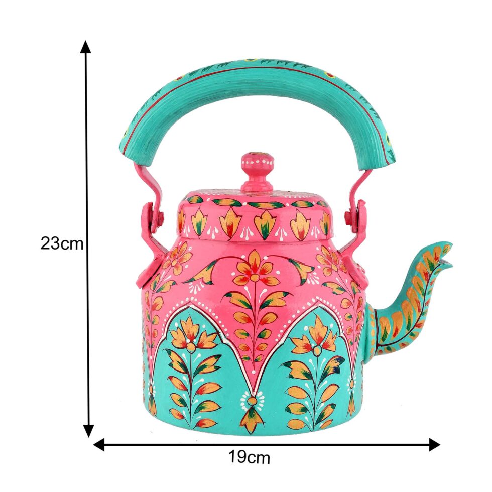 Hand-painted pink and turquoise stainless steel kettle with floral Indian art design