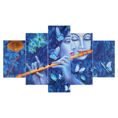 Contemporary Radha Krishna digital wall painting with butterflies – spiritual modern art decor for gifting.