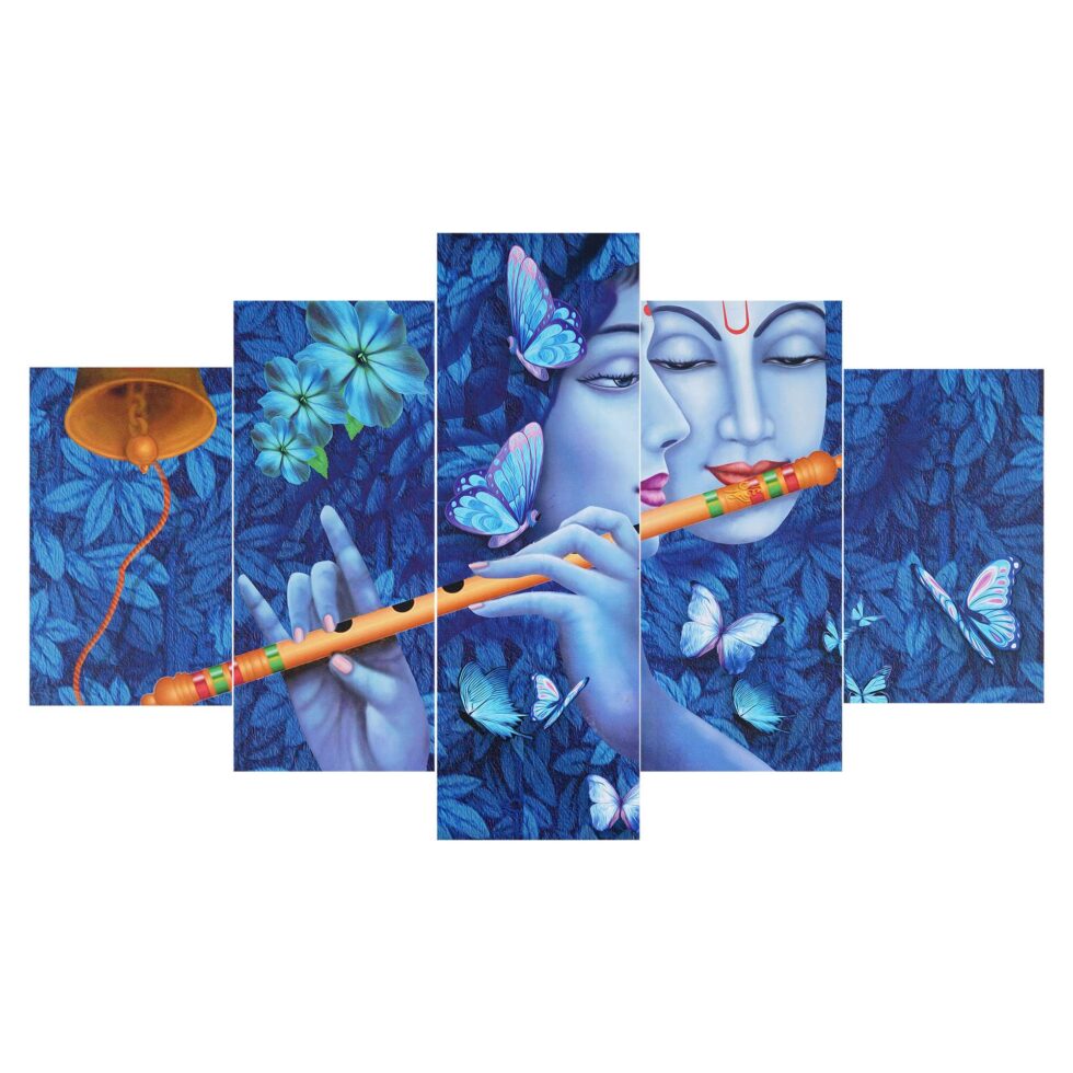 Contemporary Radha Krishna digital wall painting with butterflies – spiritual modern art decor for gifting.