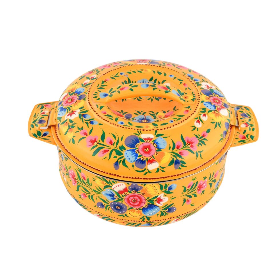 Hand-painted stainless steel casserole with vibrant yellow floral Indian art design