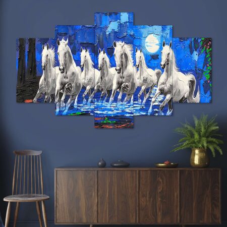 Beautiful seven white horses digital wall painting on blue background – modern wall decor for prosperity and elegance.