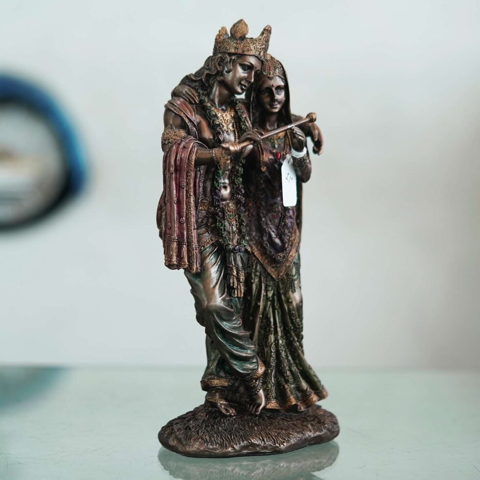 Handmade bronze Radha Krishna statue symbolizing love and devotion, ideal for Diwali gifting