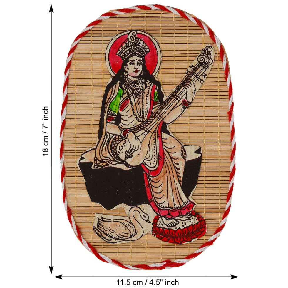 Ethnic bamboo wall art featuring Saraswati Devi, perfect spiritual gift for Diwali festival