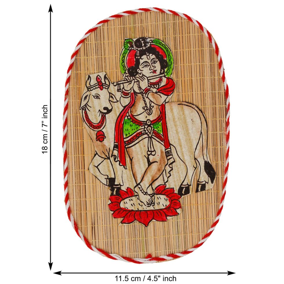 Eco-friendly bamboo wall hanging with Lord Krishna design, ideal for Diwali decoration and gifting