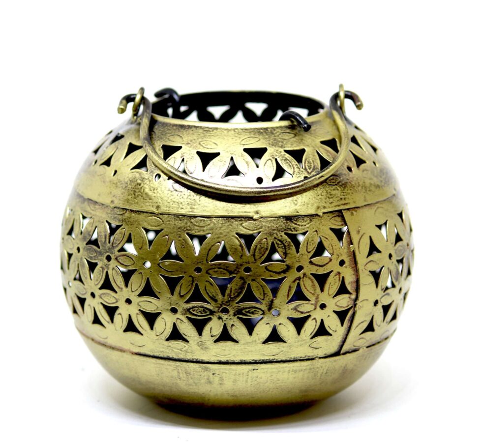 Handcrafted brass lantern with floral cut design, 5-inch decorative Diwali festive home decor