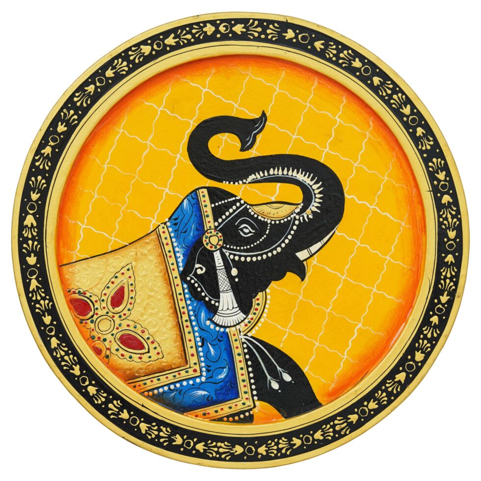 Artistic Pichwai elephant with yellow background – traditional wall decor for classic Indian homes.