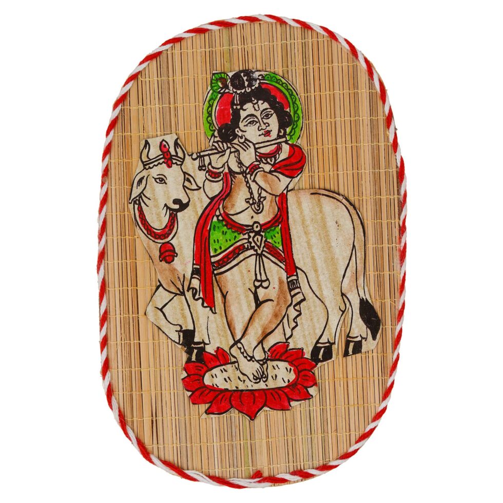 Ethnic bamboo wall art featuring Krishna with cow, perfect spiritual gift for Diwali festival