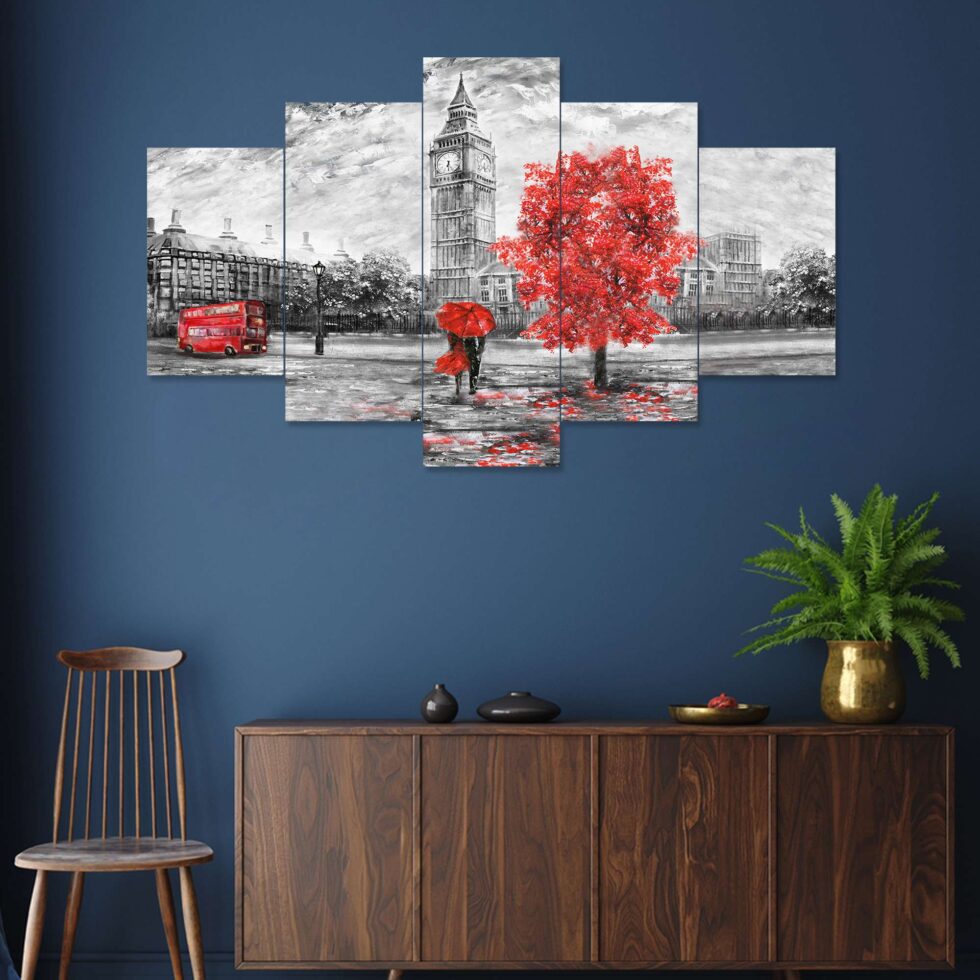 Modern London theme digital wall painting with red tree and bus – artistic decor for sophisticated interiors.