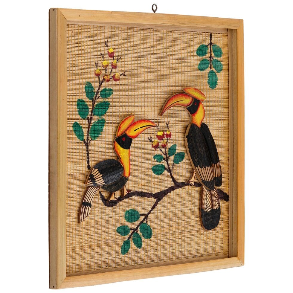 Ethnic bamboo wall art featuring hornbill birds on branch, eco-friendly Diwali decoration and gifting