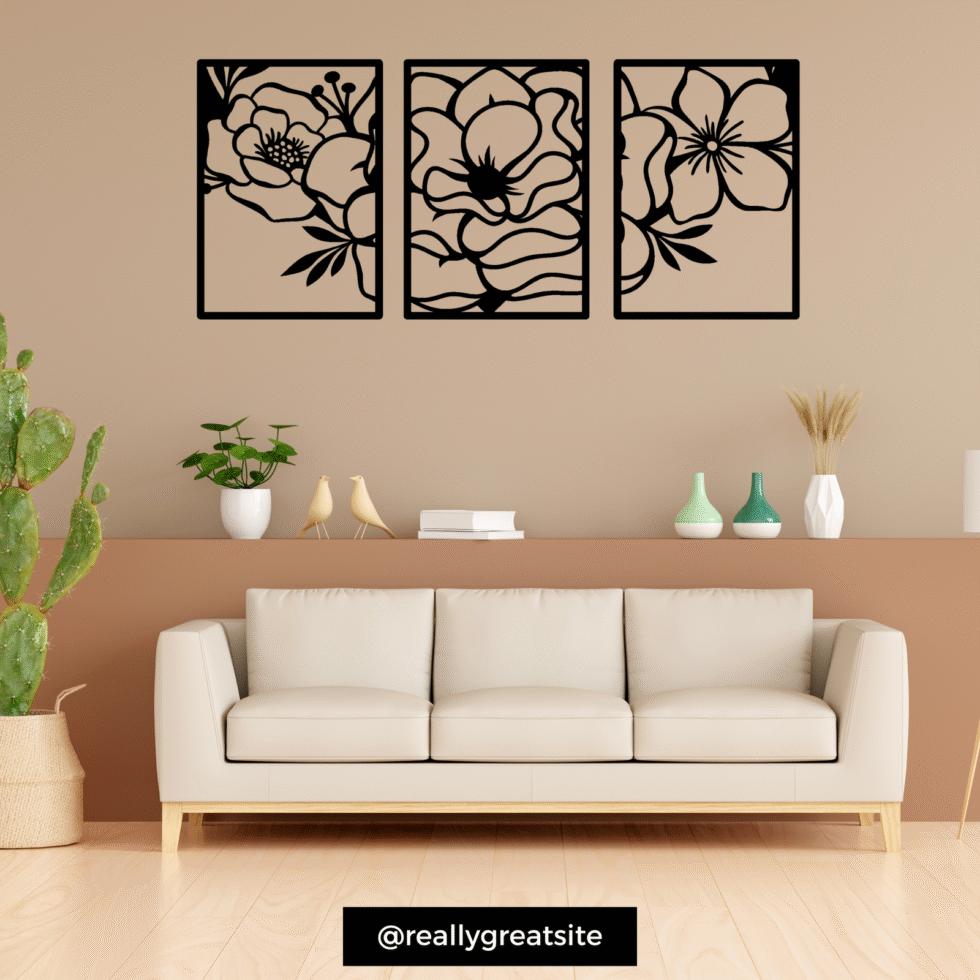 Floral metal wall art set with blooming flower design for modern decor.