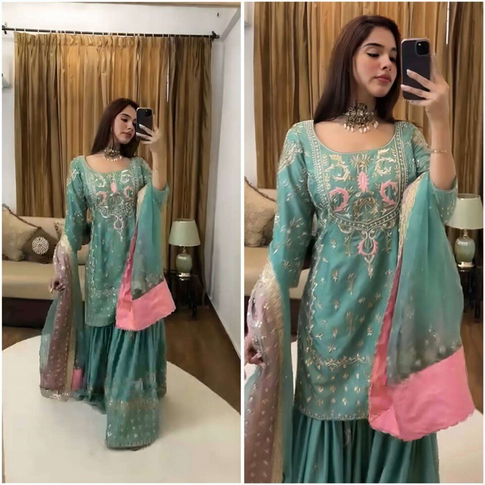 Women's Chinon Silk Heavy Embroidery Straight Kurta With Sharara and Dupatta set - AllHandmadeGoods