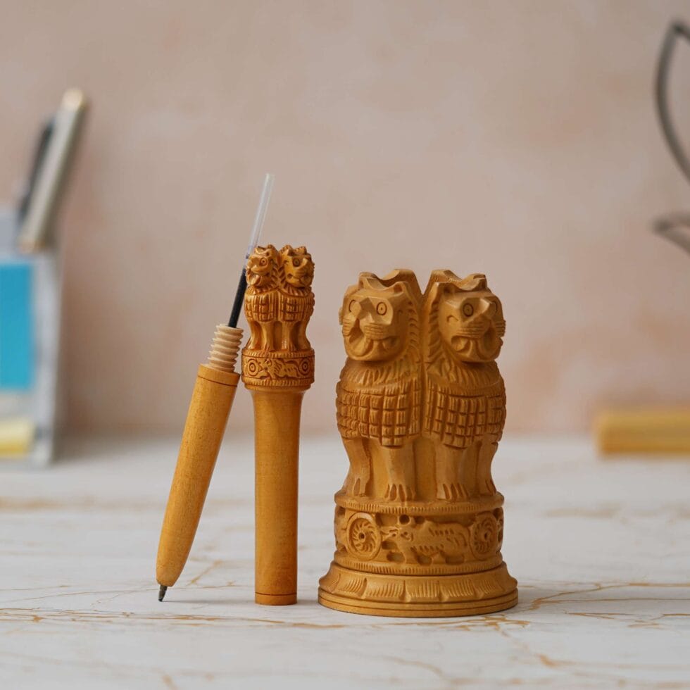 Wooden Lion Capital of Ashoka replica handcrafted with fine detailing for desk or souvenir decor.
