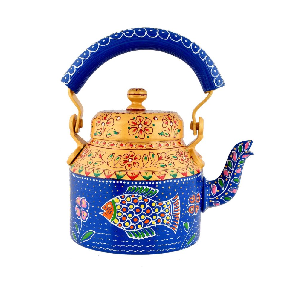 Handmade stainless steel kettle with floral and fish motifs, perfect for decor and serving