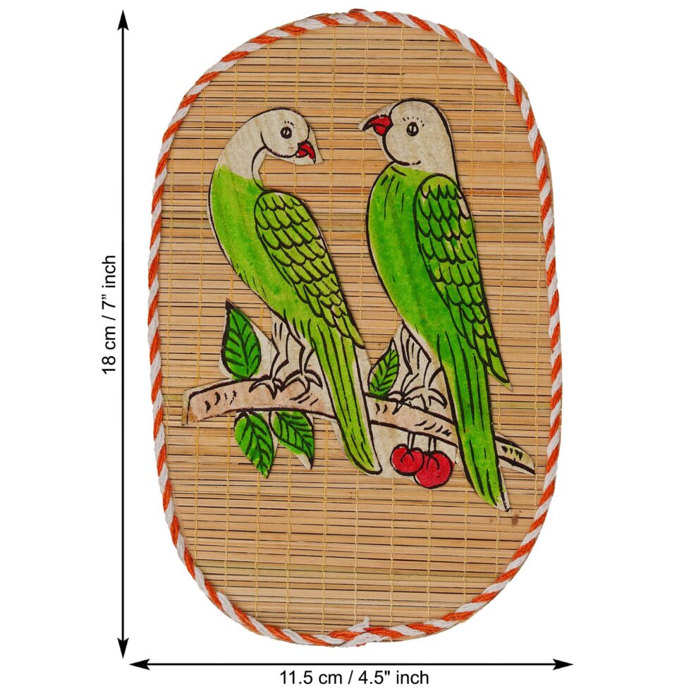 Handmade bamboo wall hanging with parrot artwork, traditional Diwali festive home decor