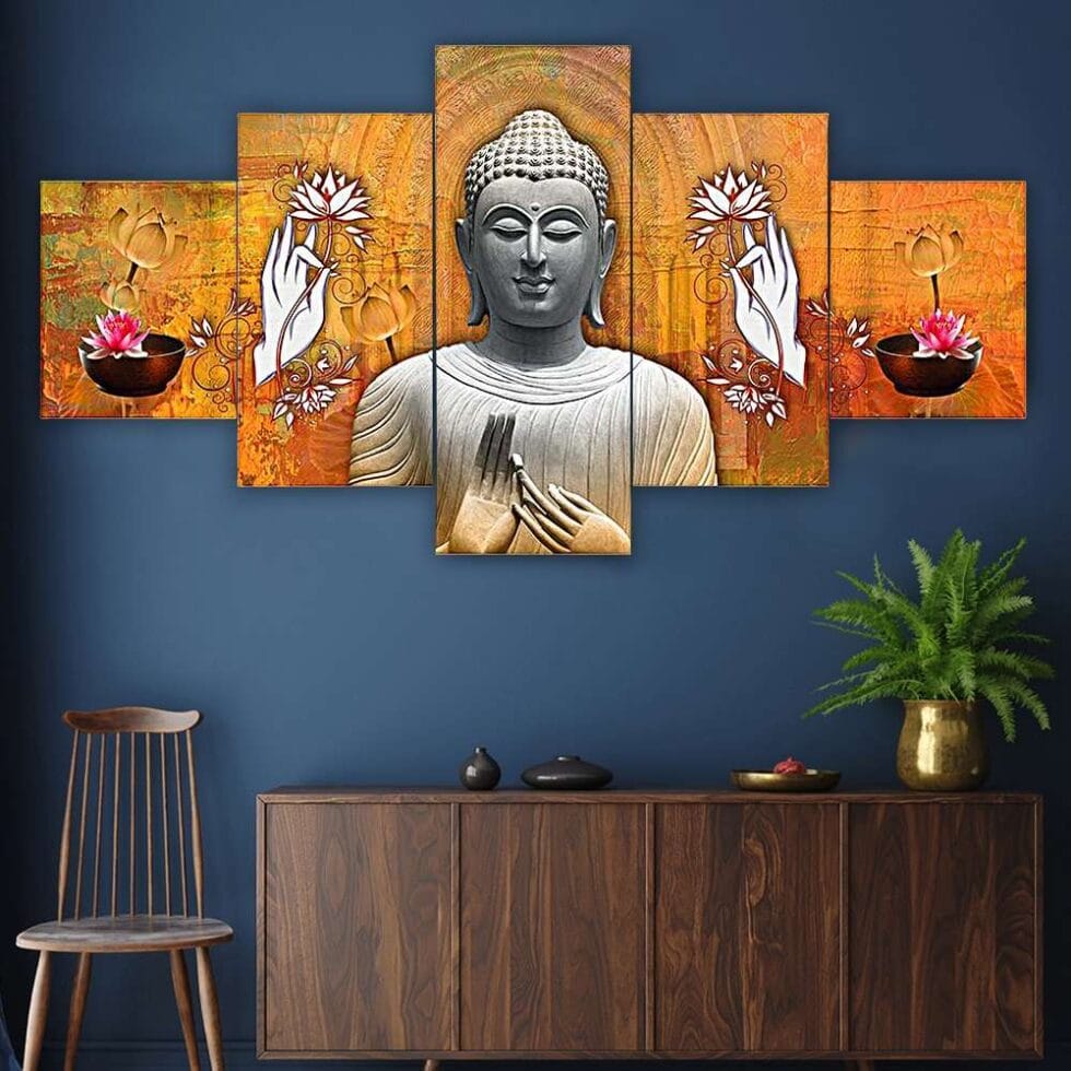 Serene Buddha with lotus digital canvas painting – contemporary wall decor for home or yoga space.