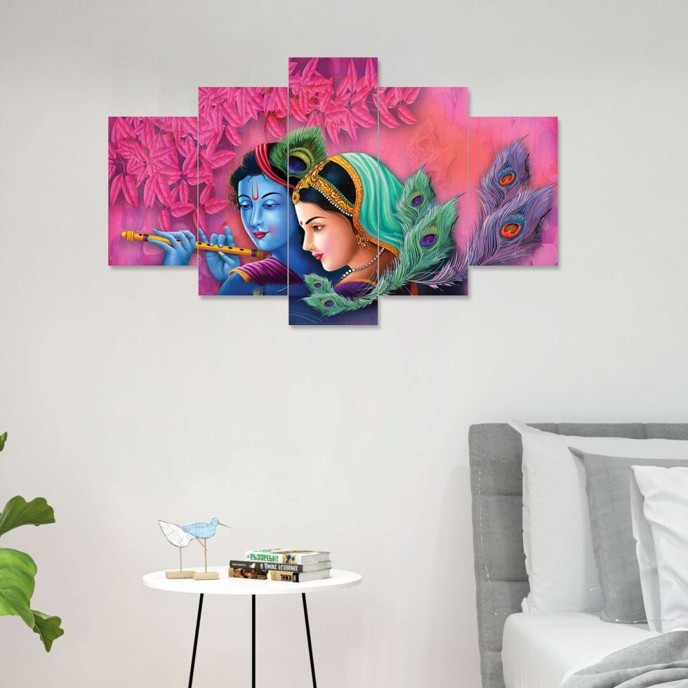 Divine Radha Krishna digital wall painting with peacock feathers – spiritual Indian art decor for living room.