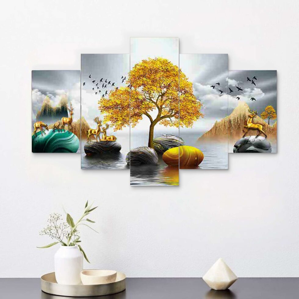 Vibrant nature-inspired digital wall art with deer and golden landscape – elegant home decor piece.