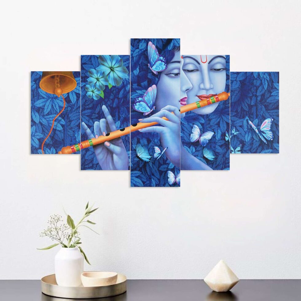 Elegant Krishna playing flute digital wall art – serene Indian art decor for home or meditation room.