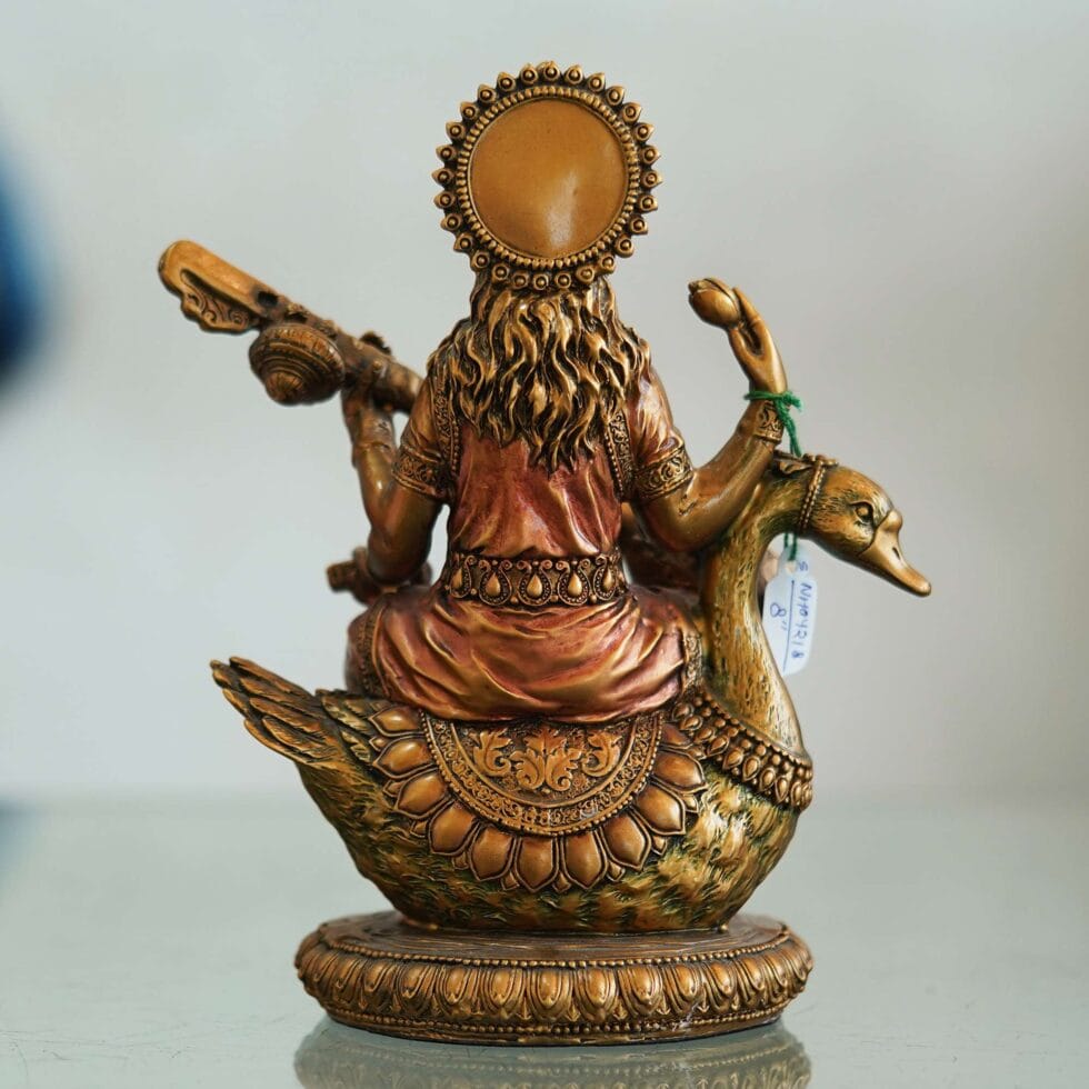 Handcrafted brass Goddess Saraswati idol playing veena, traditional Diwali festive home decor