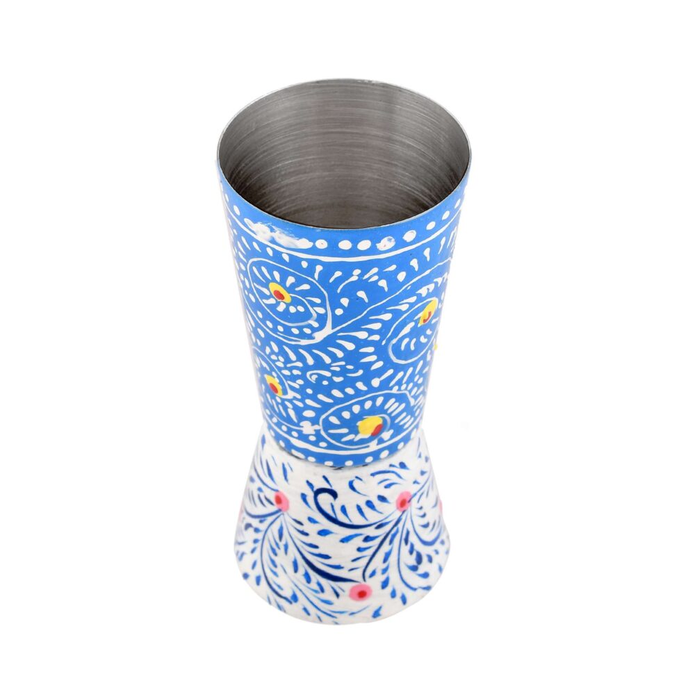 Decorative aluminium tumbler with blue and white enamel art, handcrafted ethnic drinkware