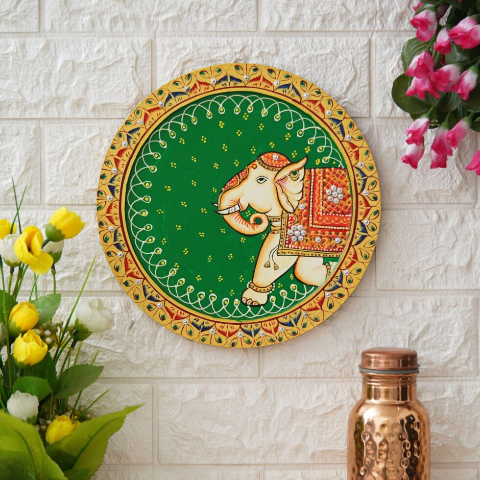 Traditional Pichwai elephant painting on green background – royal Indian wall art decor for living room.