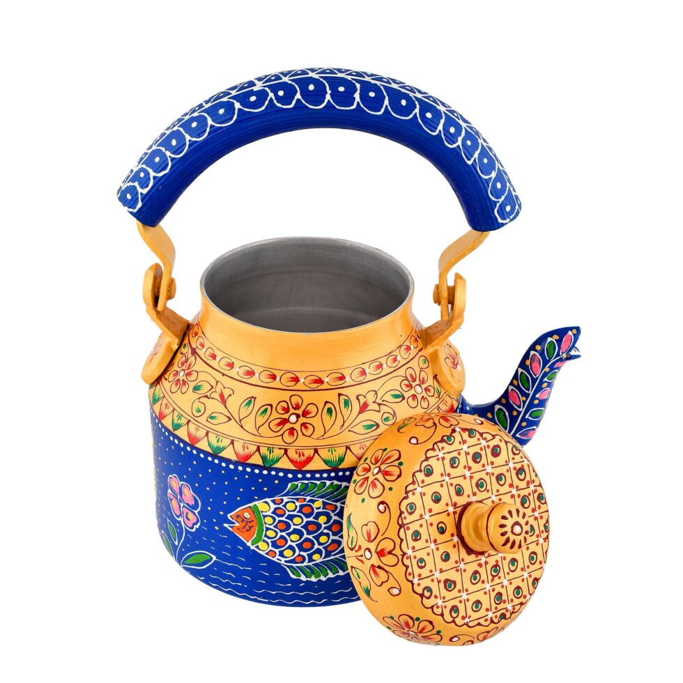 Colorful enamel-painted steel tea kettle featuring vibrant Madhubani-style fish pattern
