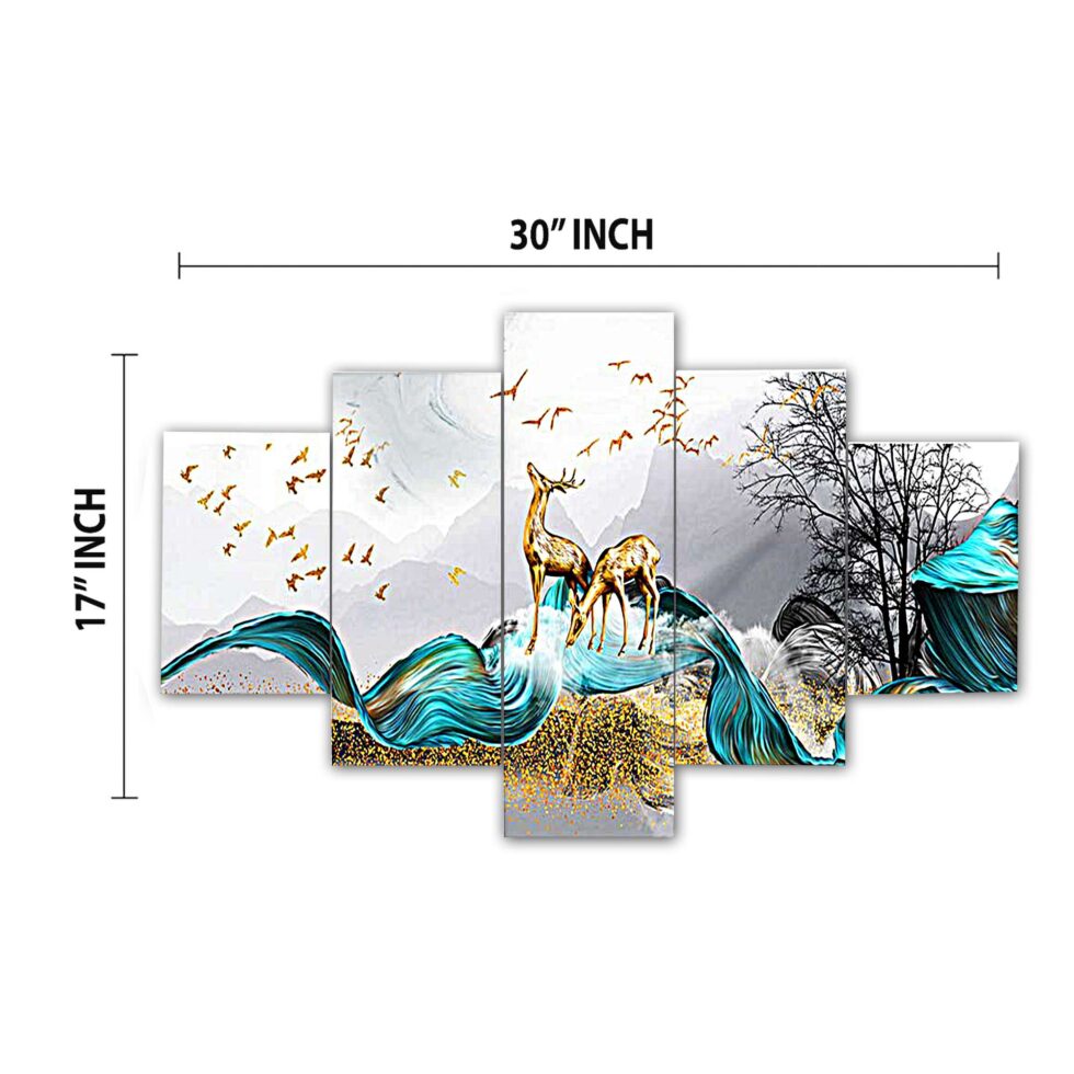 Contemporary golden deer digital wall painting – vibrant Indian art decor for elegant interiors.
