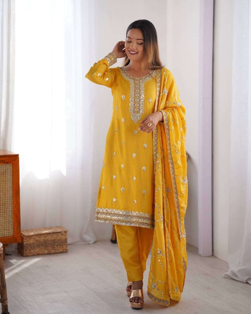 Women's Chinon Silk Embroidered Straight Kurti with Pant And Dupatta Set - AllHandmadeGoods