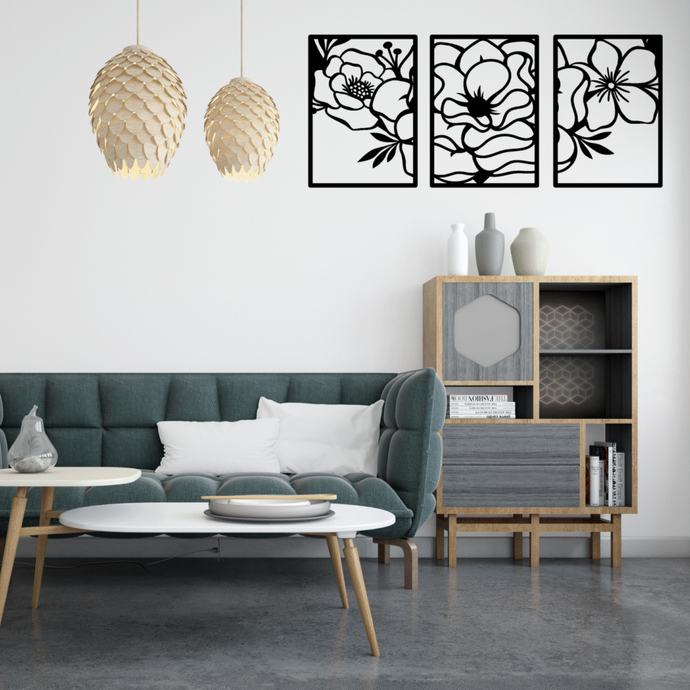 Floral metal wall art panels with blooming flower design for modern decor.