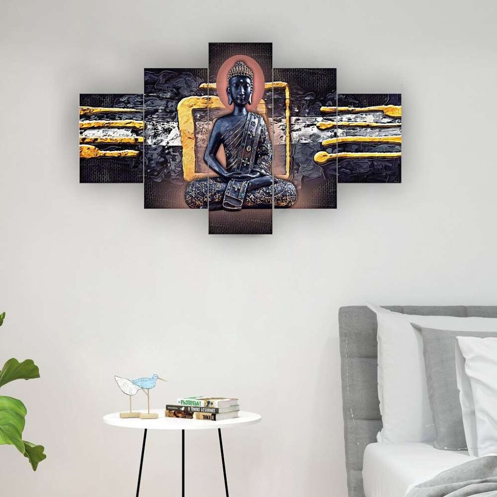 Modern black and gold Buddha digital wall painting – luxury spiritual art decor for living room.