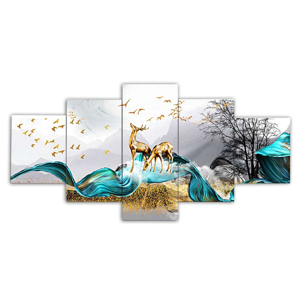 Abstract golden deer digital wall painting with blue waves – luxury modern art decor for living room.