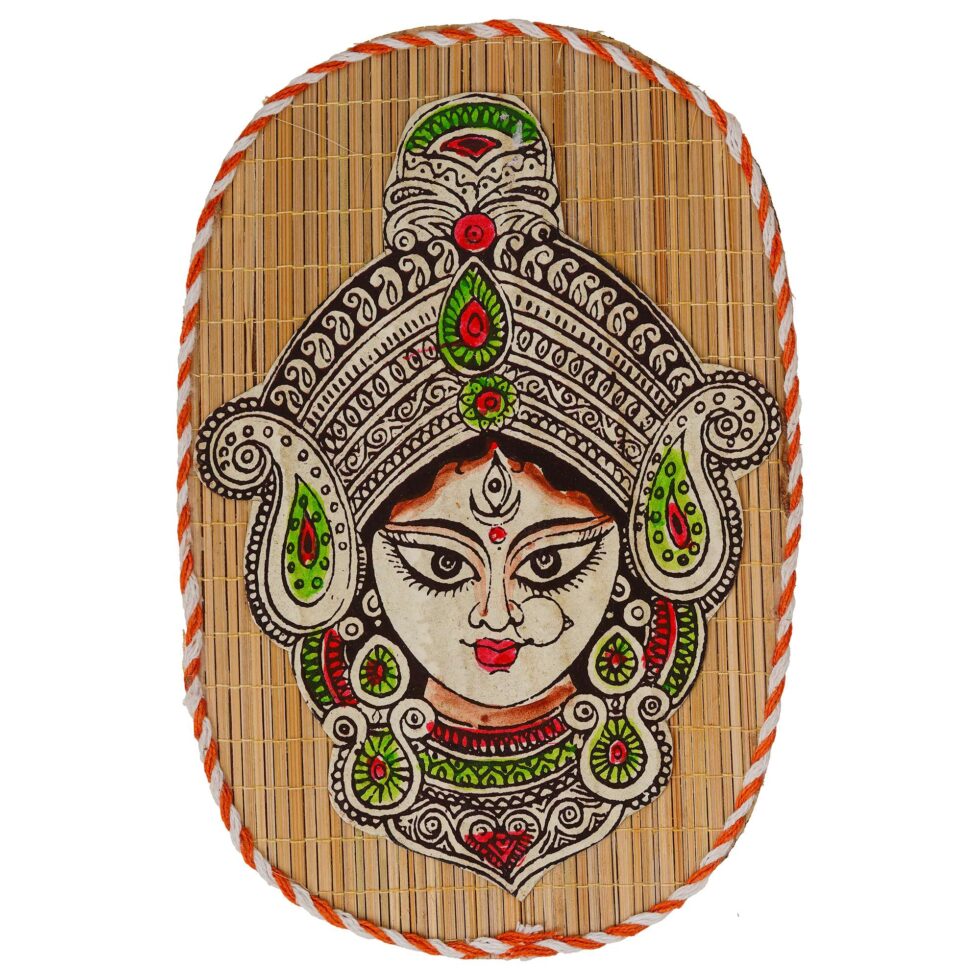 Handmade bamboo wall hanging with Goddess Durga artwork, traditional Diwali festive home decor