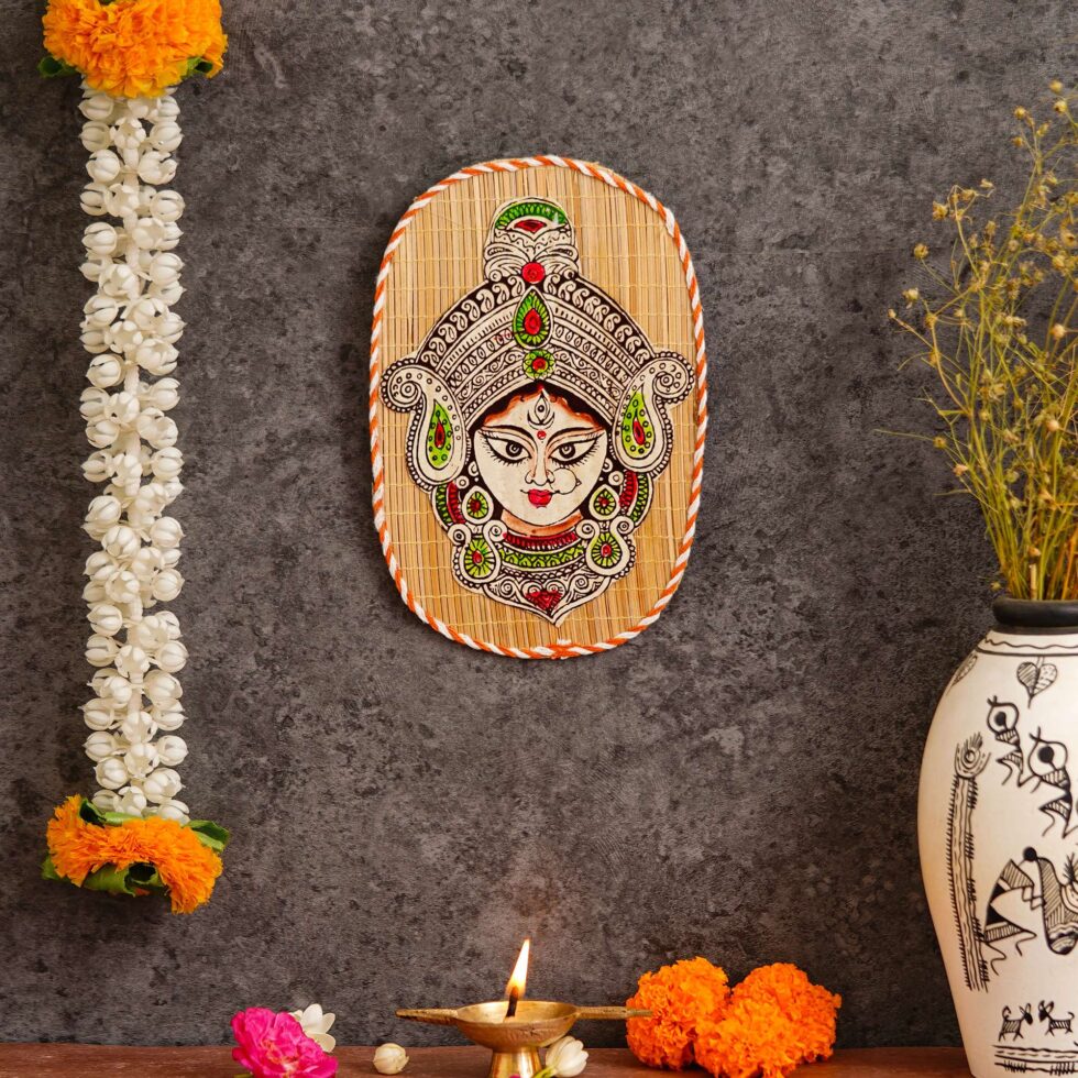 Eco-friendly bamboo wall hanging with Goddess Durga design, ideal for Diwali decoration and gifting