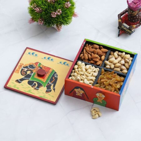 Artistic wooden gift box with bright elephant and kids design, hand-painted ethnic storage box for Diwali and festive use.