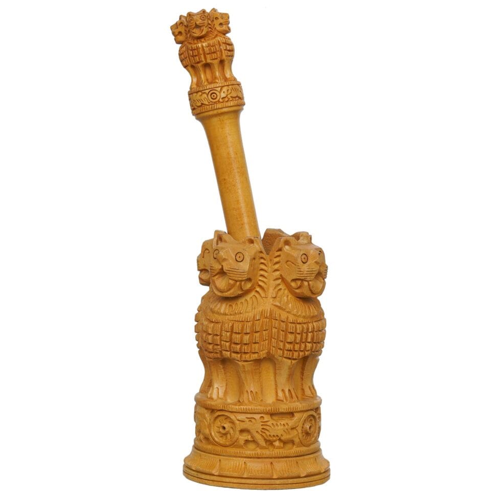 Wooden Lion Capital of Ashoka pen holder and pen set, handmade Indian handicraft souvenir.