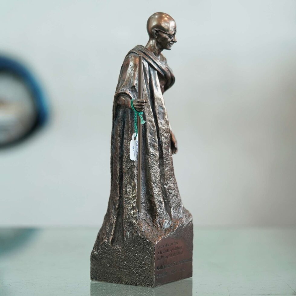 Artisan-crafted bronze Gandhi figurine, cultural Indian decor piece for study or workspace
