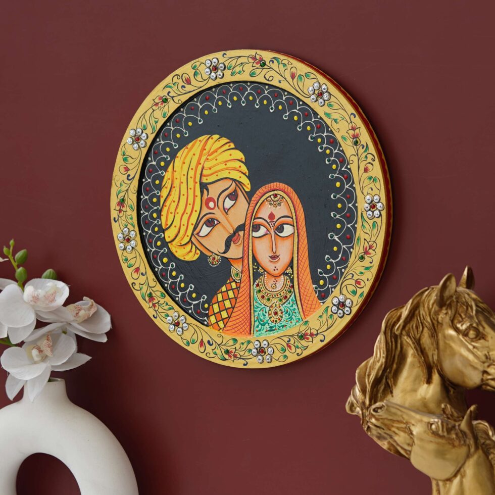 Traditional Rajasthani couple digital wall painting – ethnic Indian art decor symbolizing love and culture.