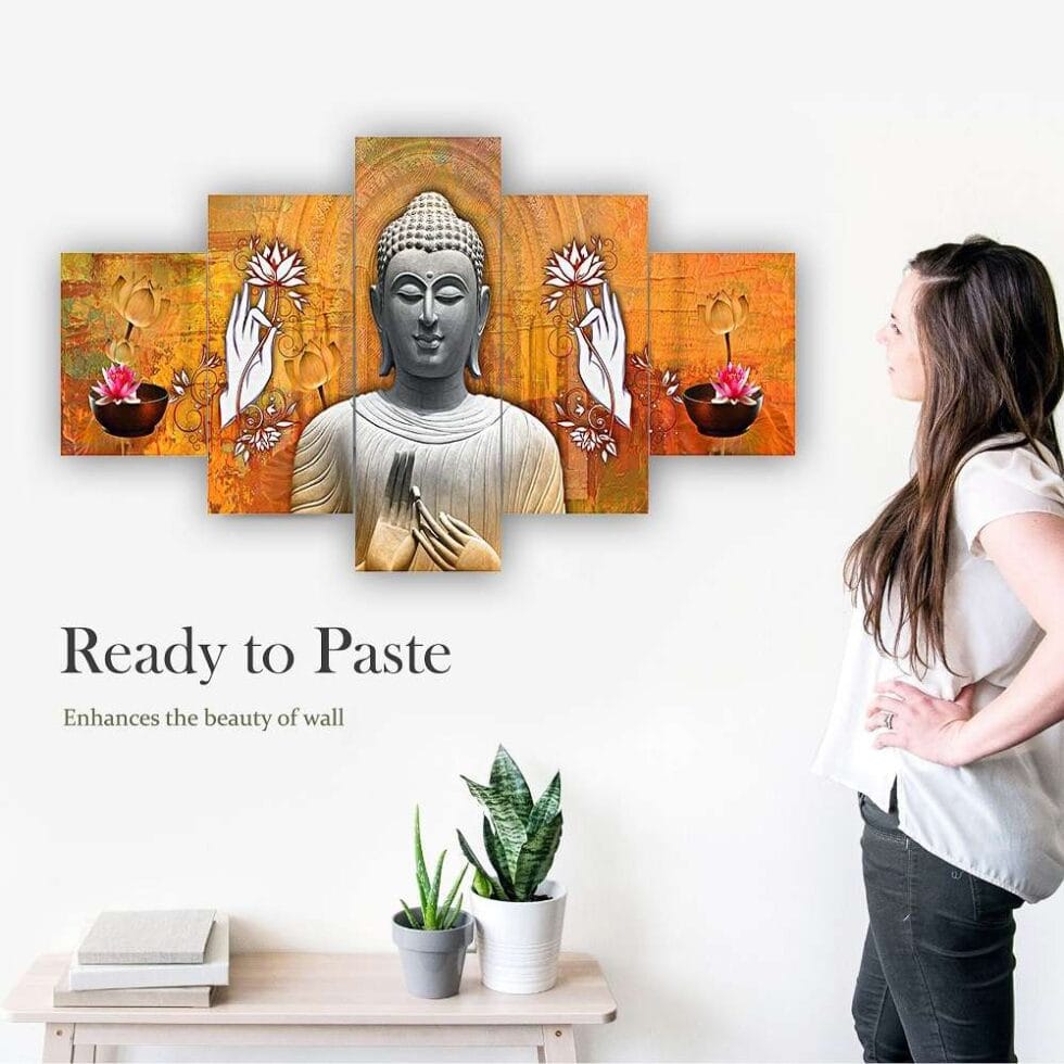 Golden background Buddha digital wall painting – stylish spiritual art decor for calming interiors.