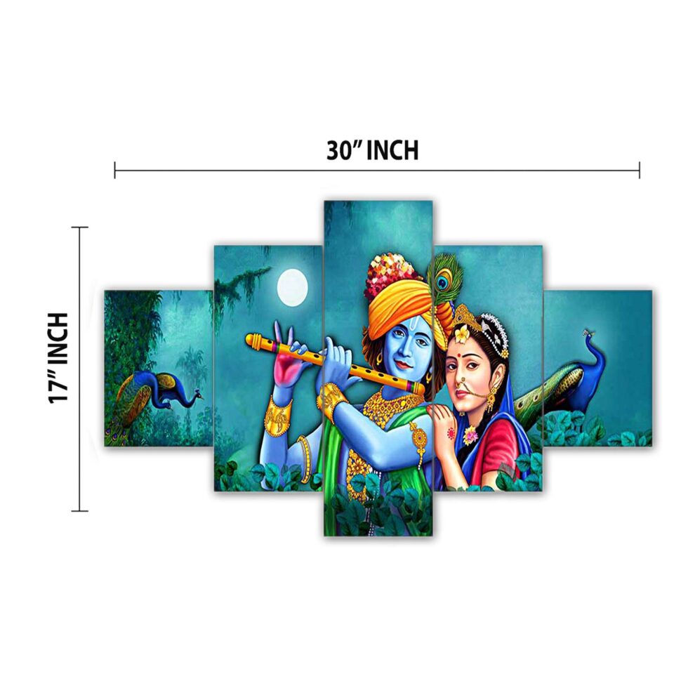 Elegant blue-tone Radha Krishna digital wall painting – modern spiritual art decor for peaceful home spaces.