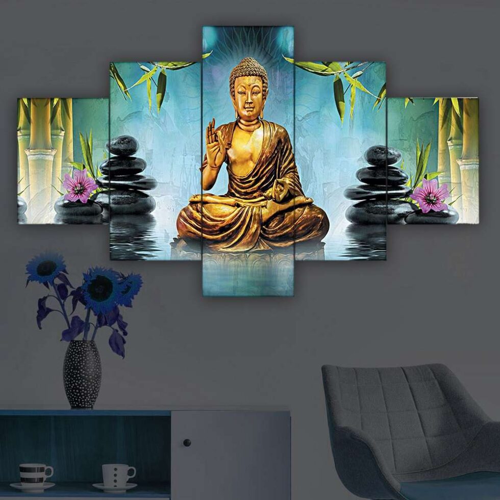 Serene Buddha with lotus flowers digital canvas painting – contemporary wall decor for home or spa interiors.