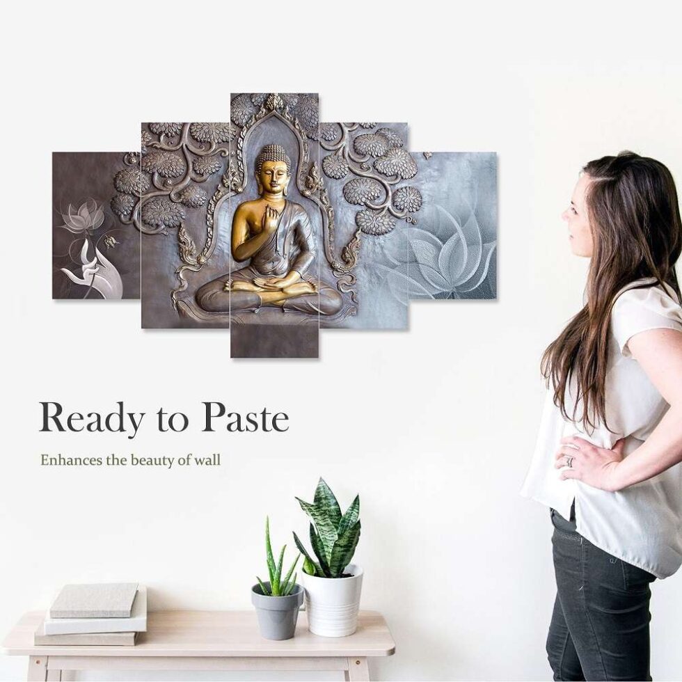Golden Buddha under Bodhi tree digital wall painting – peaceful spiritual art decor for living room.