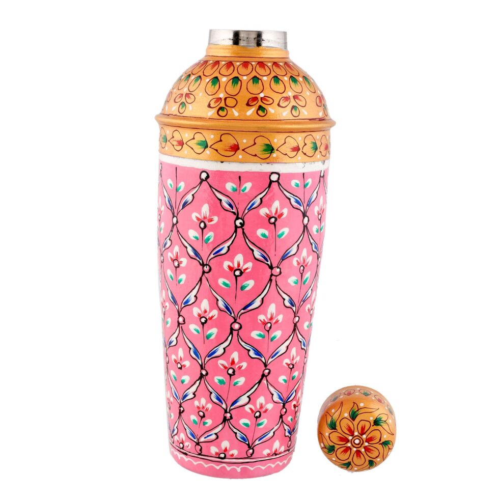 Handcrafted pink bar shaker made of aluminium with traditional Rajasthani artwork
