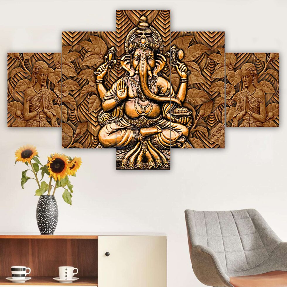 Divine Lord Ganesha digital wall painting – traditional Indian art decor for living room or temple area.