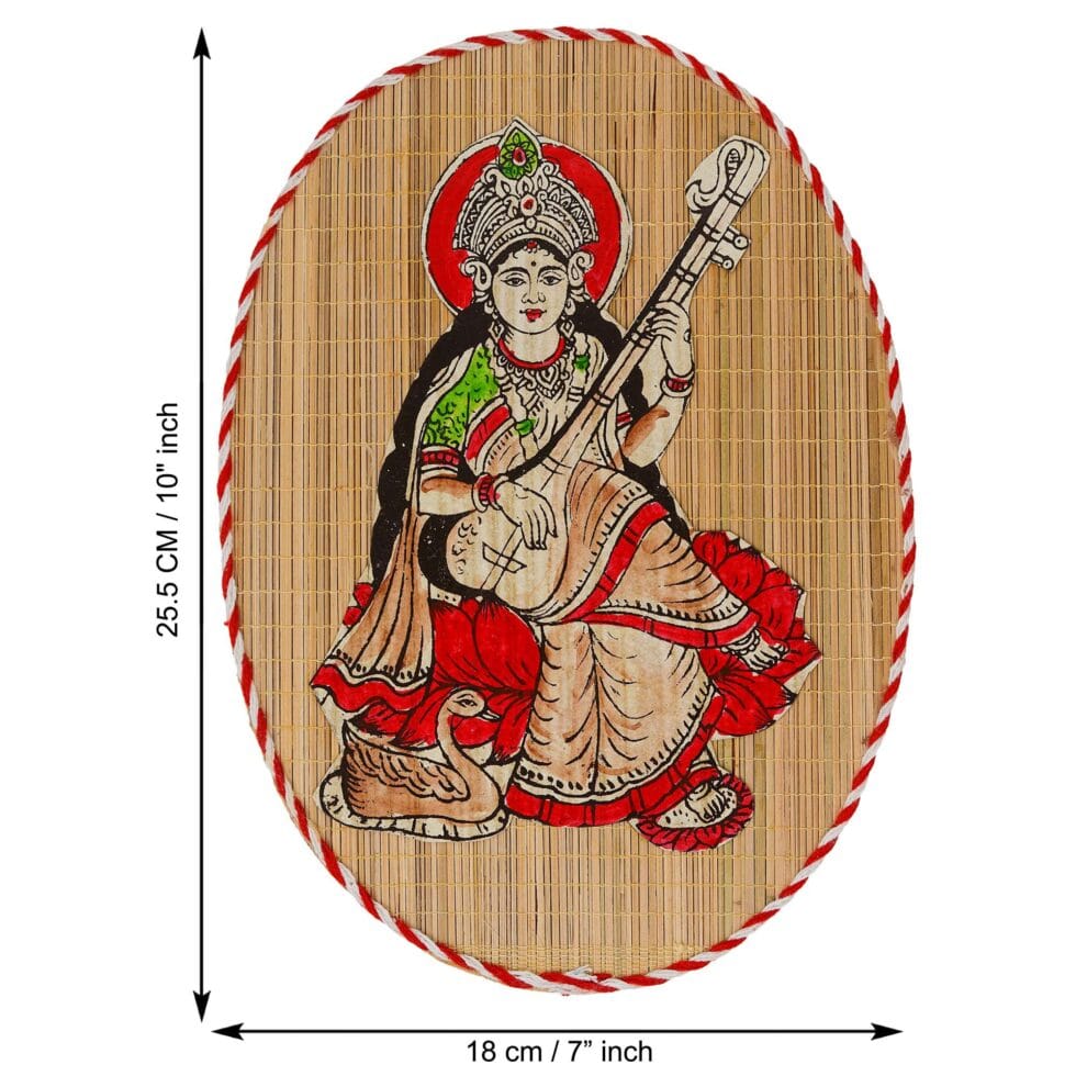 Handmade bamboo wall hanging with Goddess Saraswati artwork, traditional Diwali festive home decor