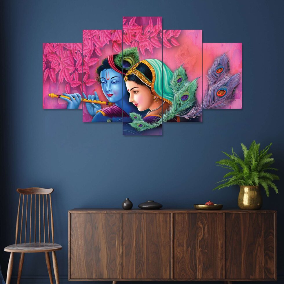 Vibrant Radha Krishna with flute digital canvas painting – elegant traditional art decor for bedroom or gifting.
