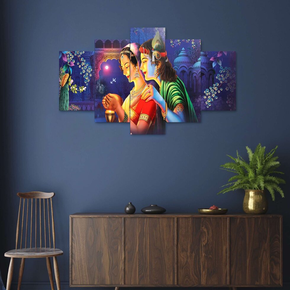 Elegant Radha Krishna couple digital canvas painting – vibrant Indian art decor for peaceful interiors.