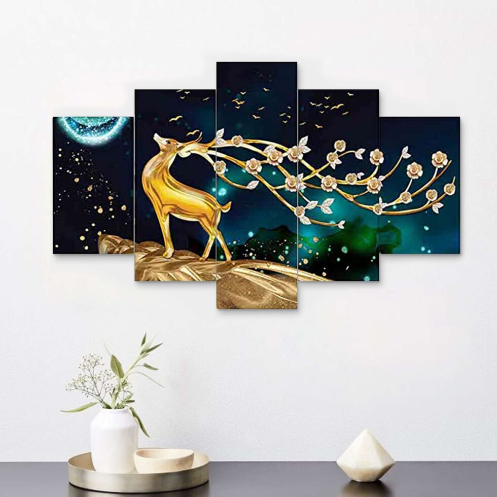 Elegant night scene digital wall art featuring golden deer – contemporary wall decor for home interiors.