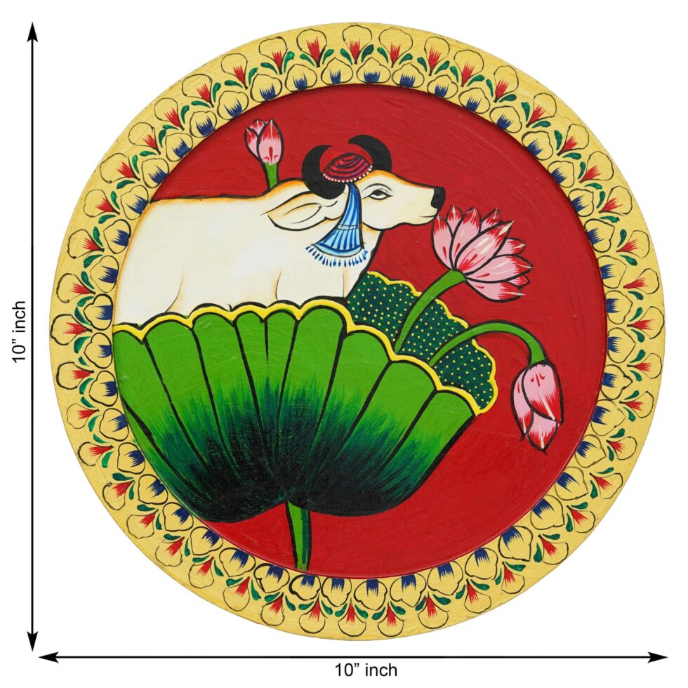 Beautiful Pichwai cow with lotus artwork – traditional Indian wall painting for spiritual and artistic interiors.